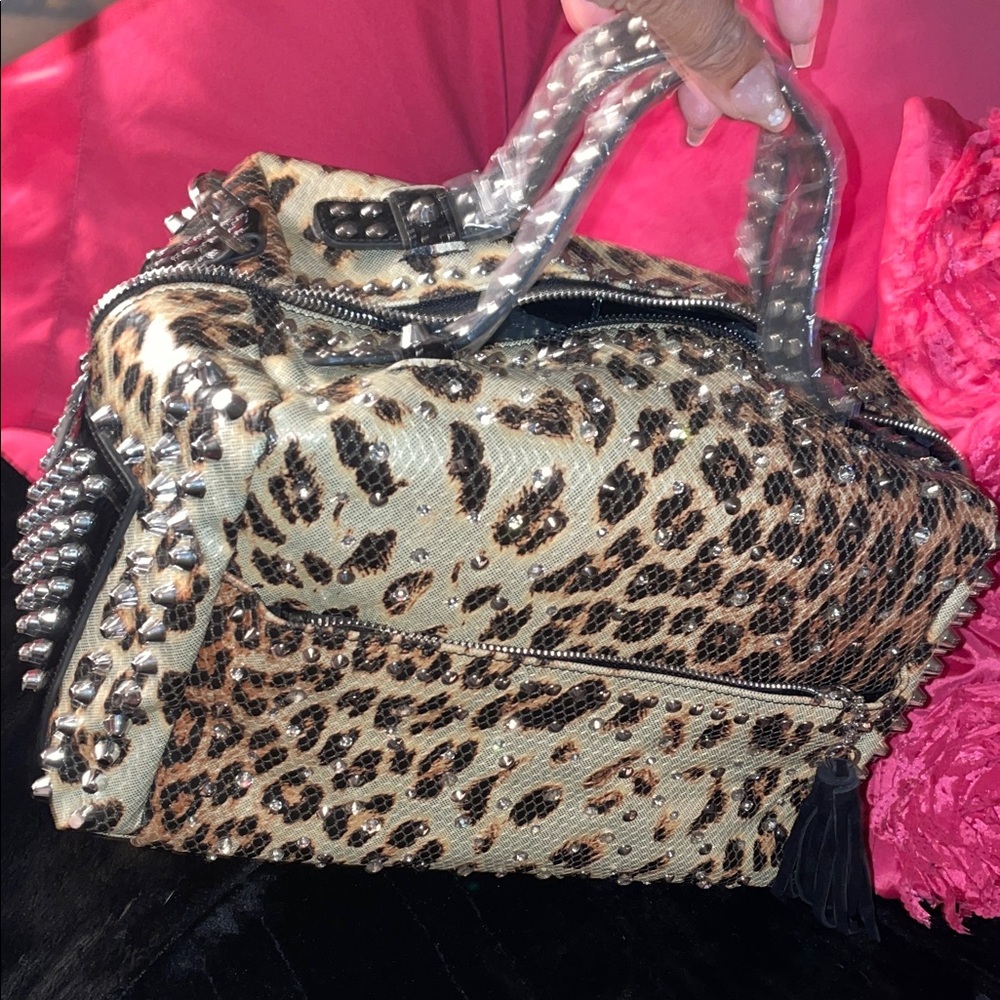 Studded Leopard Print Tote Bag - Black & Brown - Picture 3 of 5